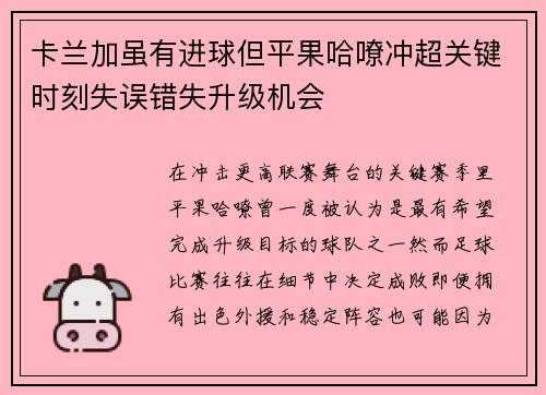 卡兰加虽有进球但平果哈嘹冲超关键时刻失误错失升级机会 卡兰加虽有进球但平果哈嘹冲超关键时刻失误错失升级机会
